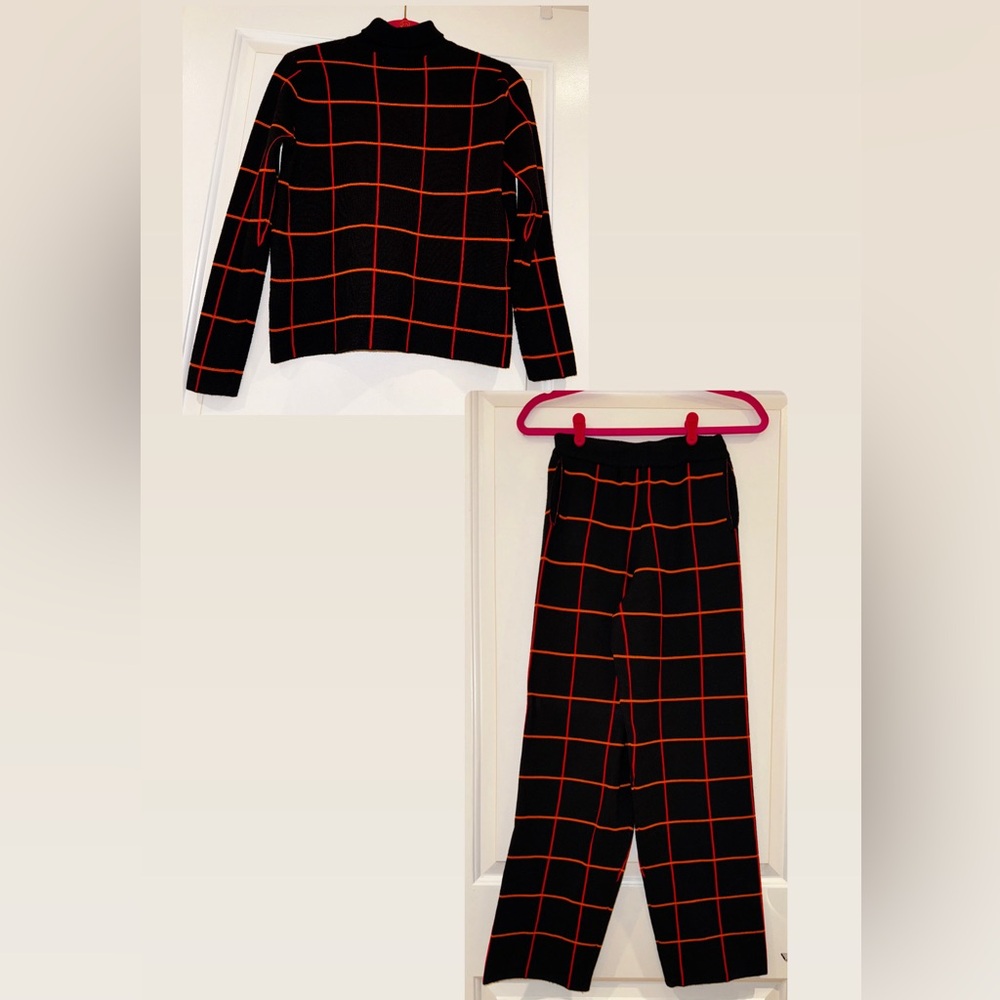 Fall Knit Coord Sweater Pant SET in Black and Red/Pink Geometric Stripes